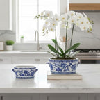 Blue and White Ceramic Planter Pot – Vintage Floral Oval Cachepot Vase for Indoor Plants, Flowers & Succulents – Glazed Chinese Porcelain Style Decorative Bowl – 7.4" or 10.6" Size – No Drainage - Image 2