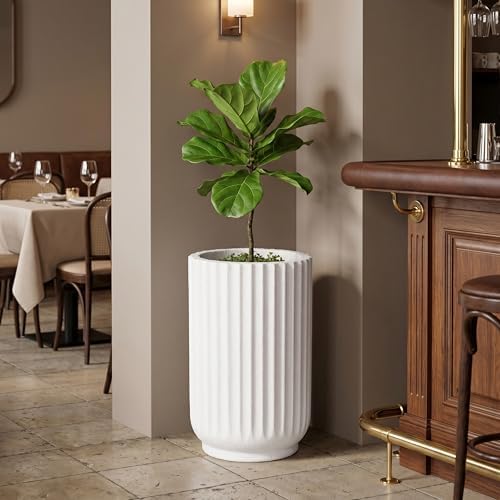 20" Tall Indoor Outdoor Planter, Modern Fluted Big Round Plant Pot ,White - Image 3