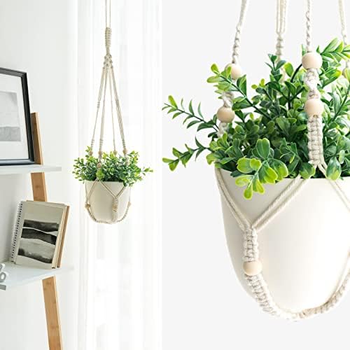 Mkono Set of 2 Fake Hanging Plant with Pot, Hanging Plants Artificial Decor Macrame Plant Hanger with Different Fake Plants - Image 3