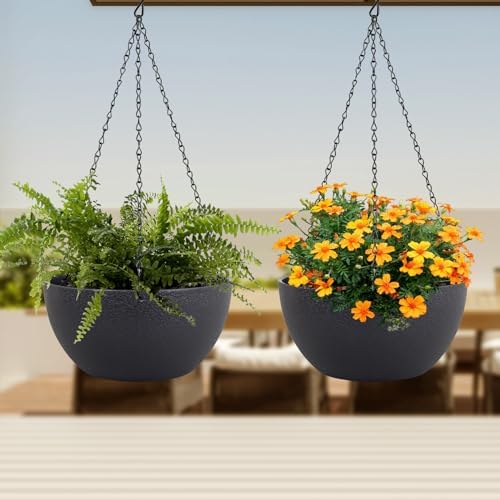 Meowell 12 inch Large Hanging Planters for Indoor Outdoor Plants, 2 Pack Hanging Flower Pots with Drainage Holes and Chain for Garden Porch, Plastic Hanging Baskets for House Plants, Black - Image 6