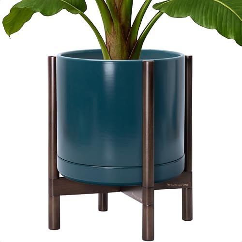 D'vine Dev Ceramic Pot with Walnut Wood Stand, Teal, 14 in, 55-B-T-4 by DvineDevPlanterPotsandStand