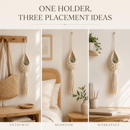 Hanging Air Plant Holder, Boho Woven Basket Wall Decor (Large) - Image 6