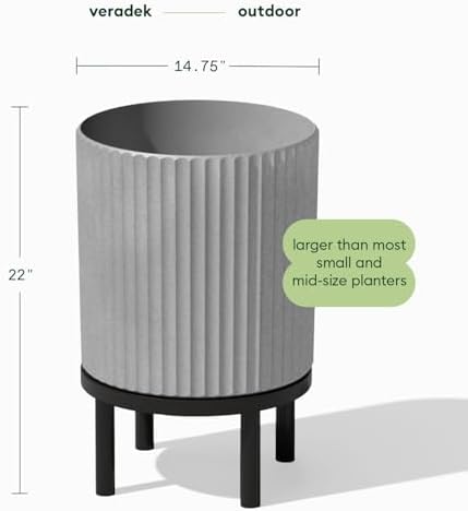 Veradek Demi Series Round Planter w/ Stand for Porch/Patio | Durable Plastic-Concrete & Wooden Stand | Modern Décor for Tall Plants, Flowers - Image 2