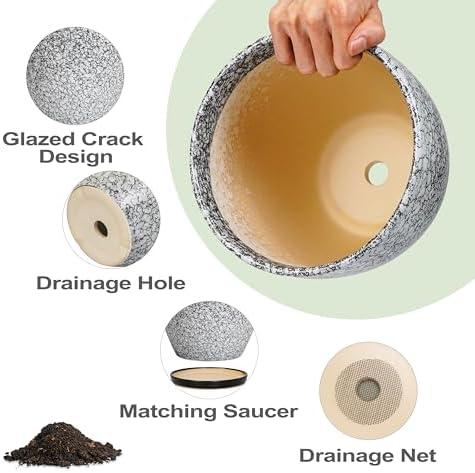 Ceramic Pots for Plants - 10+8+6 Inch Round Flower Pots with Drainage Holes and Saucers, Decorative Planters for Indoor Outdoor, Porch Decor, Housewarming Gifts, Set of 3, White-Black - Image 6