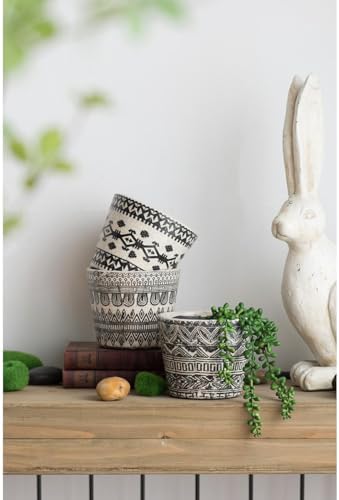 S/3 Terracotta Pots with Black and White Geometric Design - Same Size, Crackled Finish, Decorative Planters for Succulents, Indoor/Outdoor Plant Pots, Boho Vintage Home Décor - D5.5 x 4.5 - Image 5
