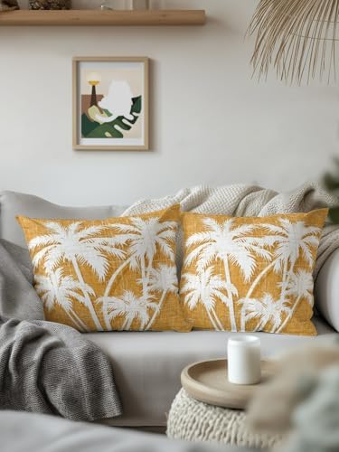 Outdoor Pillows Waterproof Set of 2, Tropical Palm Tree Patio Throw Pillows for Couch Bed Sofa with Insert, Vintage Orange Exotic Botanical Plants Decorative Reading/Camping Pillow Set 18x18 Inch - Image 3