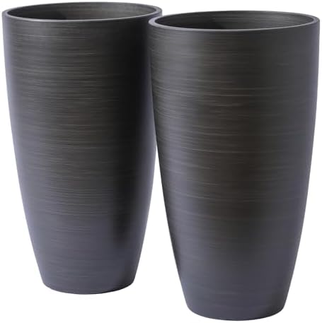 Tall Round Planter 2Pack-11.8"W*21"H Dark Wooden Grain Finish Flower Pots Indoor Decorative Container Garden Patio Outdoor Indoor Plants Unbreakable Resin With Drainage Hole&Movable Insert Shelf by SESUN-E