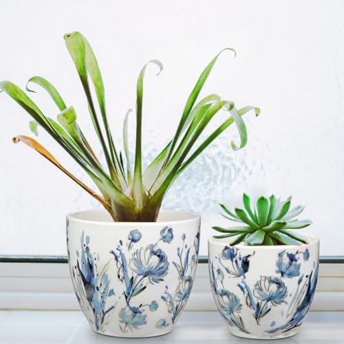 Decorative Flower Pots Blue and White Plant Pot Gold Accent Ceramic Planters for Indoor Plants Pots with Drainage Retro Planter Pot for Succulents Cactus Herb Snake Plants Outdoor Garden, 7.6/5.5 Inch - Image 3