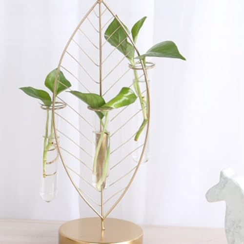 Ipetboom Iron Flower Planter Glass Vase with 3 Hydroponic Test Tubes, Golden Leaf Frame, Glass Propagation Container for Home and Office Plant Arrangement - Image 4