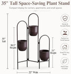 TRIROCKS 3 Tier Plant Stand with 3 Removable Metal Pots Indoor Outdoor Corner Plant Rack, 35" H Space Saving Flower Pot Holder for Living Room, Balcony, Patio & Garden(Brown) - Image 2