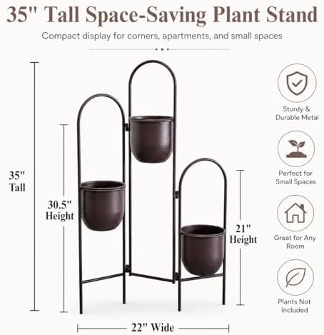 TRIROCKS 3 Tier Plant Stand with 3 Removable Metal Pots Indoor Outdoor Corner Plant Rack, 35" H Space Saving Flower Pot Holder for Living Room, Balcony, Patio & Garden(Brown) - Image 2