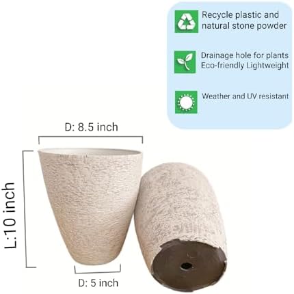 10 inch Garden Planter Lightweight Indoor Outdoor Pots with Drainage Hole for Potted Plants Flowers Greenery, Set of 2 (Beige Grain Texture) - Image 6