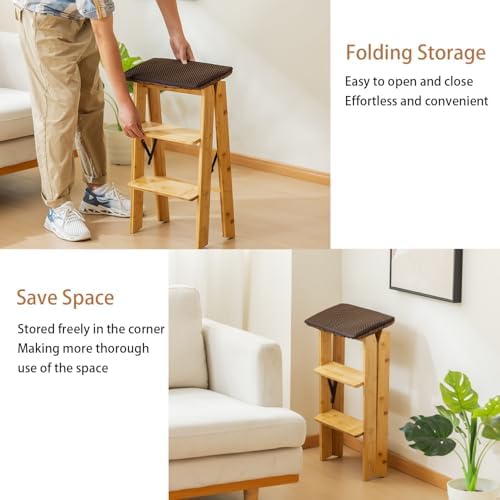 Latifolia Foldable 3 Step Ladder, Bamboo Step Stool with Floor Saver, Decorative Ladder Shelf for Living Room, Kitchen, Garden(Nature) - Image 7