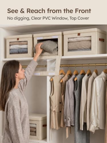 Homsorout Collapsible Storage Bins - Large Closet Organizer with Handles & Window, Decorative Storage Boxes, Fabric Containers for Living Room, Dorm, 4 Pack, Beige - Image 2