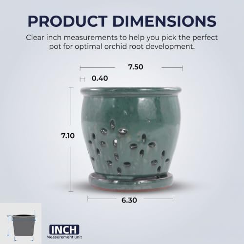 Ceramic Orchid Pot with Drainage Holes and Saucer, Vent Holes，Green：7.5 in - Image 2