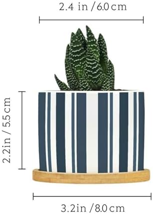 New Grain Sack Blue Stripes Planter Ceramic Round Plant Pots with Drainage Holes and Bamboo Tray Pot for Succulents Cactus Garden Windowsill - Image 2