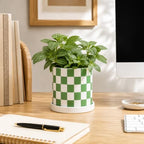 Checkered Ceramic Planter Pot with Drainage Hole and Saucer, Black and White Planters Decor,Indoor Cylinder Round Planter Pot (Green, Medium) - Image 3