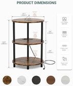 Small Round Side Table - 3-Tier Oval Accent Table for Small Spaces, Rustic Wood and Metal Nightstand for Living Room or Bedroom, with Built-in USB Ports and Power Outlet, Rustic Brown - Image 2