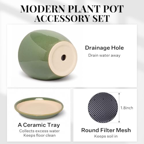 10 Inch Ceramic Planter with Drainage Hole Saucer(Crisp Green) - Image 4