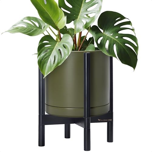 D'vine Dev Ceramic Pot with Ebony Wood Stand, Olive, 12 in, 55-B-H-J by DvineDevPlanterPotsandStand