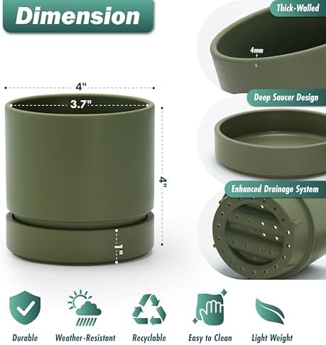 Phoenix Vine 4 Inch Planter Pot with Drainage Hole & Saucer, Deep Water Catch Tray, Straight Cylindrical Round Pot for Plants, Olive, Pack of 6, 23-D-R-6 - Image 3