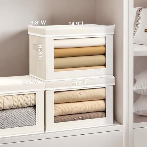 Homsorout Stackable Storage Bins with Lids - Medium Storage Box with Lids, Foldable Closet Boxes for Organizing, Wardrobe Clothes Organizer with Window, Fabric Bins for Living Room, 6 Pack, Beige - Image 4