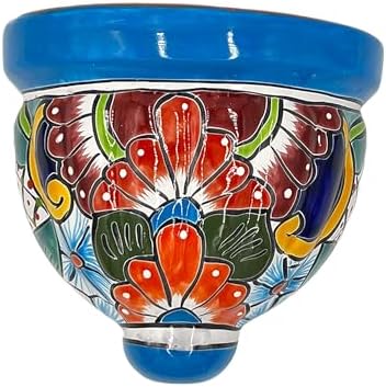 Talavera Wall Planter, Hand-Painted Mexican Ceramic Hanging Pot, Indoor Outdoor Use with Drainage Hole, Colorful Rustic Terracotta Wall Decor, 10.5 Inch, Light Blue Multicolor by CactusCanyonCeramics