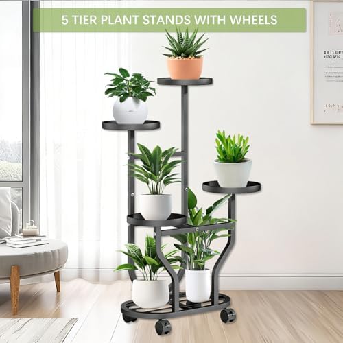 5 Tier Plant Stand, Metal Plant Shelf Indoor Outdoor,Tall Corner Multiple Plants Shelf for Garden Balcony Patio Living Room, Tiered Corner Rack Flower Stands with Wheels - Image 4