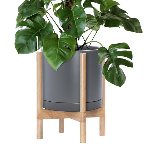 D'vine Dev Ceramic Pot with Natural Wood Stand, Grey, 12 in, 55-B-J-3 by DvineDevPlanterPotsandStand