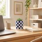 Checkered Ceramic Planter Pot with Drainage Hole and Saucer, Black and White Planters Decor,Indoor Cylinder Round Planter Pot (Blue, Medium) - Image 5