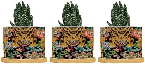 Chinoiserie Tiger Planter Ceramic Green and Turquoise Tiger Stripe Round Flower Pots with Drainage Holes and Bamboo Tray Pot for Pots Outdoor Indoor Plants by BRUYU5SE