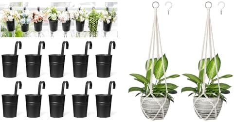 Dahey 10 Pcs Hanging Flower Pots and 2 Pcs Macrame Plant Hanger Indoor Hanging Planter for Railing Fence Balcony Garden Home Decoration by Dahey