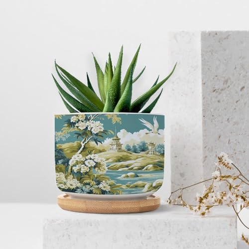 Garden Planters Ceramic Green Chinoiserie Floral Bird Round Plant Pots with Drainage Holes and Bamboo Tray Pot for Indoor Outdoor Garden - Image 7