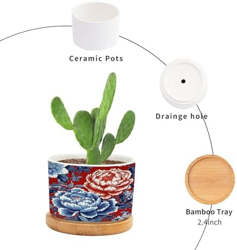 Red and Blue Chinoiserie Floral Planters Ceramic Chinoiserie Chic Asian Round Plant Pot with Drainage Holes and Bamboo Tray Pot for Pots Outdoor Indoor Plants - Image 3