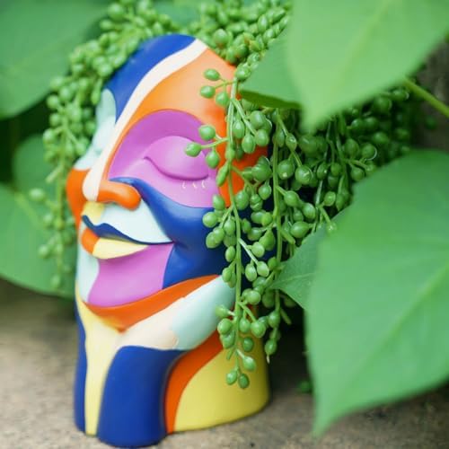 Rainbow Face Planters Pots Head, Funny Body Plant Pots for Decor, Resin Decorative Artistic Head Flower Pot, Hand Painted Planters Boho Eclectic Art for Indoor Outdoor, Plant Lover Gifts (Blue&Orange) - Image 3