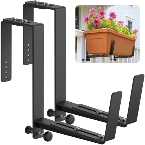 Window Box Brackets, Adjustable Planter Box Brackets, Heavy Duty Iron Flower Box Brackets for Railings, with Enhanced Bottom Support - Perfect for Balconies, Fences, and Gardens (Black, 2 Pack) by VOXOR