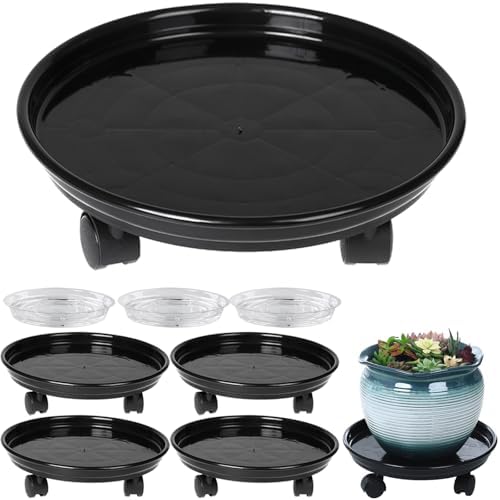 Circloophs 5 Packs Plastic Plant Caddy with Casters 12" Heavy-duty Plant Dolly Rolling Plant Stand with Wheels for Moving Heavy and Large Plant Pot Saucers Plant Rollers Indoor and Outdoor, Black by Circloophs