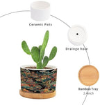 Chinoiserie Coral Asian Planter Ceramic Chinoiserie Chic Asian Round Flower Pot with Drainage Holes and Bamboo Tray Pot for Home Desktop Office Windowsill - Image 3