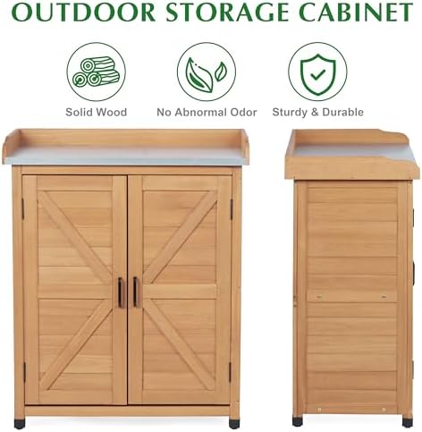Outdoor Storage Cabinet & Potting Bench Table with Metal Top, Wooden Patio Furniture, Garden Workstation (Light Brwon, 39x31.5x17in) - Image 4