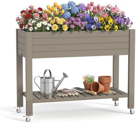 Elevated Raised Garden Bed,Outdoor Large Planter Box with Wheels & Shelf for Backyard Balcony,Dust-Proof Resin Patio Raised Bed for Herbs Flowers Vegetables(Grey) by ASKPASS