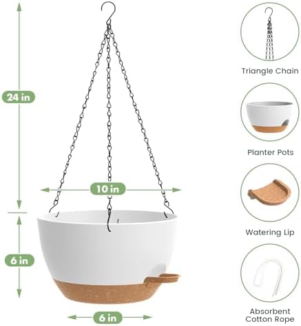 3 Pack 10 Hanging Flower Pots with Chains Self Watering Plastic Planters for Indoor Outdoor Plants, Sturdy Triangular Iron Chain Design for Garden PorchPlastic hanging flower pots (3, White-brown) - Image 2