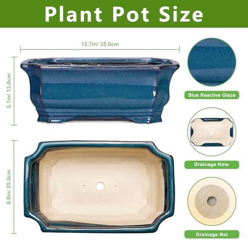 Bonsai Tree Pot - 13.7 Inch Large Ceramic Succulent Planter for Indoor Outdoor, Rectangle Plant Pot with Drainage Hole, Decorative Flower Pots, Home Decor, Gifts for Plant Lovers, Retro Blue - Image 2