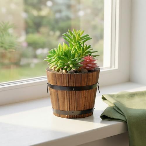 Kisangel 4pcs Small Wood Whiskey Barrel Planter Pots for Outdoor Garden, Rustic Carbonized Wood Flower Containers, Suitable for Vegetable and Succulent Planting - Image 6