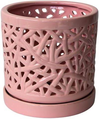 Pink Large Ceramic Orchid Pot with Holes, 6 Inches Wide, for Indoors or Outdoors with Woven String Cut Out Design, Orchid Planters, Orchid Gifts by Desquiggle