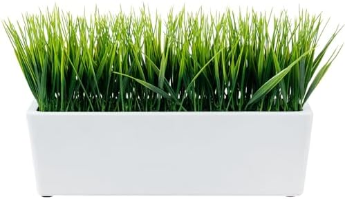 MyGift 14 Inch Artificial Green Grass Plant White Concrete Planter - Image 4