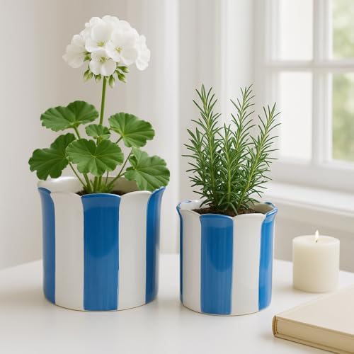 Decorative Striped Scallop Edge Planters Accent - Cute Flower Pots Ideal for Indoor or Outdoor Plant - Whimsical Garden, Home Decor, and Living Room Pots for Plants - Set of 2, 7", 6", Blue & White by NESSANDJORD