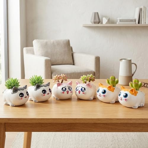 Cat Succulent Pots Set of 6 - Small Ceramic Animal Planters with Drainage - Image 6