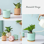 4 Inch Cylinder Ceramic Boho Plant Pots with Drainage Hole and Saucer, Glazed Vertical Pattern Multicolor Flower Pots for Succulent, Snake Plant, Cactus & Herbs, Set of 4 (Plant Not Included) - Image 5