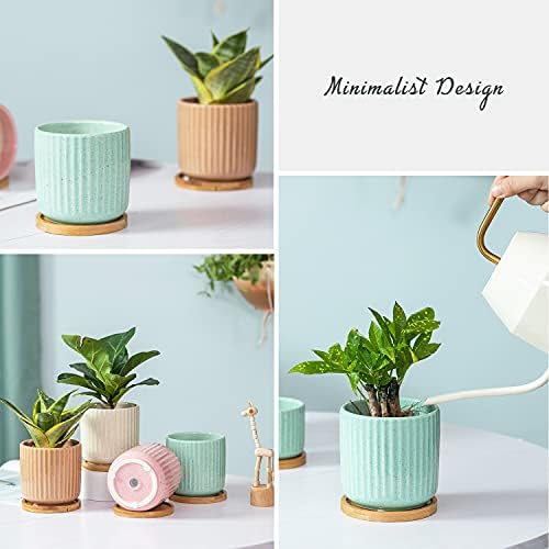 4 Inch Cylinder Ceramic Boho Plant Pots with Drainage Hole and Saucer, Glazed Vertical Pattern Multicolor Flower Pots for Succulent, Snake Plant, Cactus & Herbs, Set of 4 (Plant Not Included) - Image 5