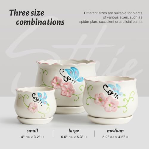 Ceramic Plant Pots with Drainage Holes and Saucers, Small Planters Set of 3 - Image 4